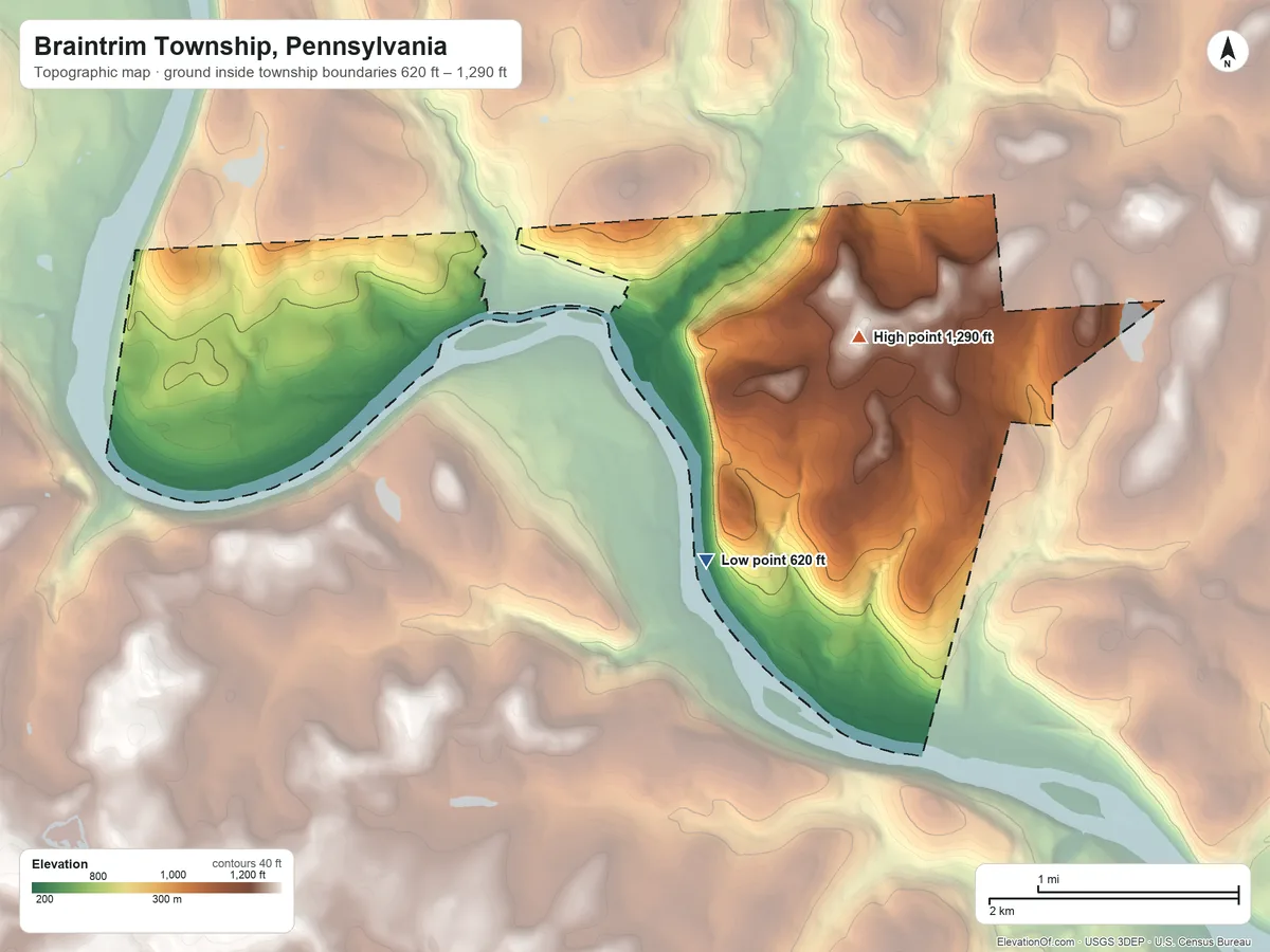 Topographic elevation map of Braintrim Township, Pennsylvania, shaded from 620 ft on the south side to 1,290 ft on Doolittle Hill