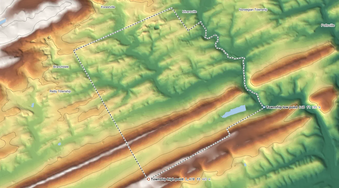 Topographic elevation map of Branch Township, Pennsylvania, shaded from 640 ft on the southeast side to 1,470 ft on the south side