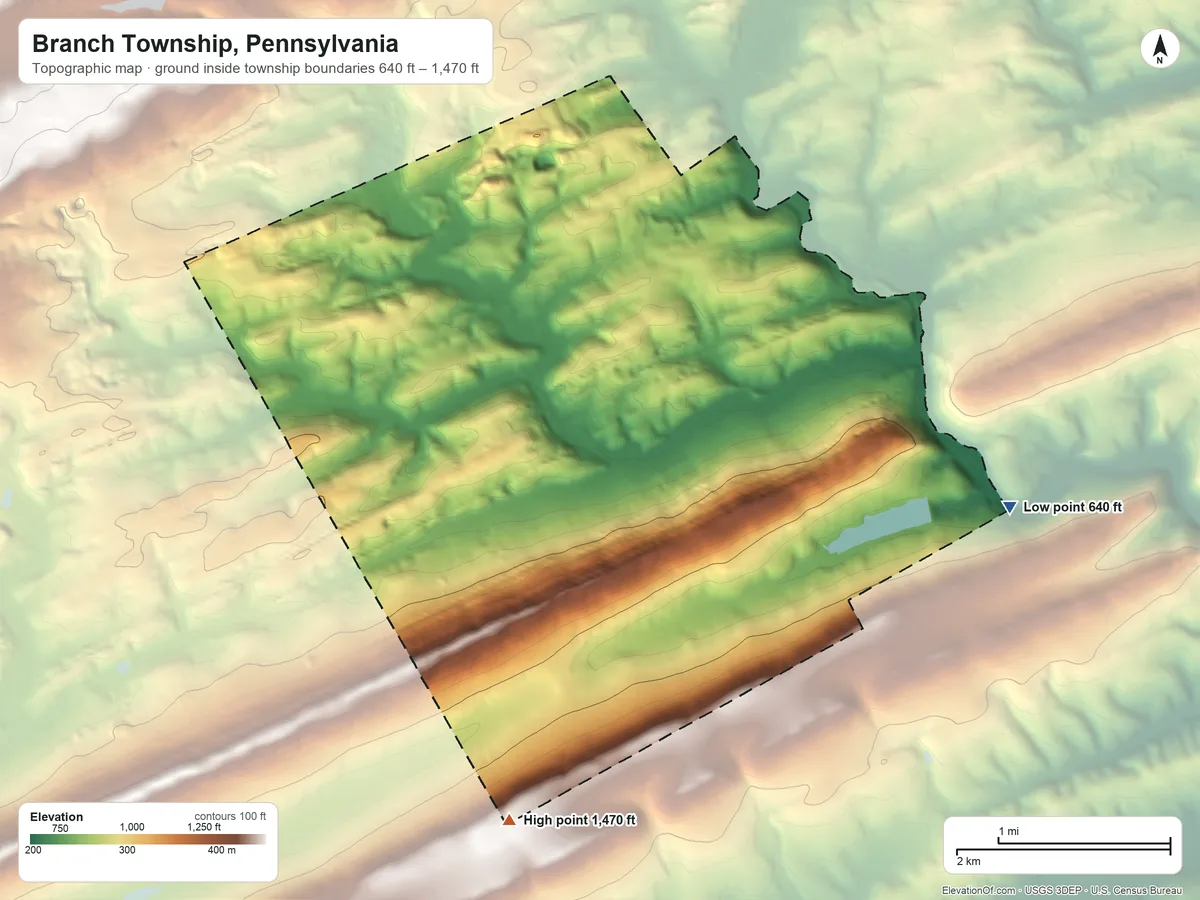 Topographic elevation map of Branch Township, Pennsylvania, shaded from 640 ft on the southeast side to 1,470 ft on the south side