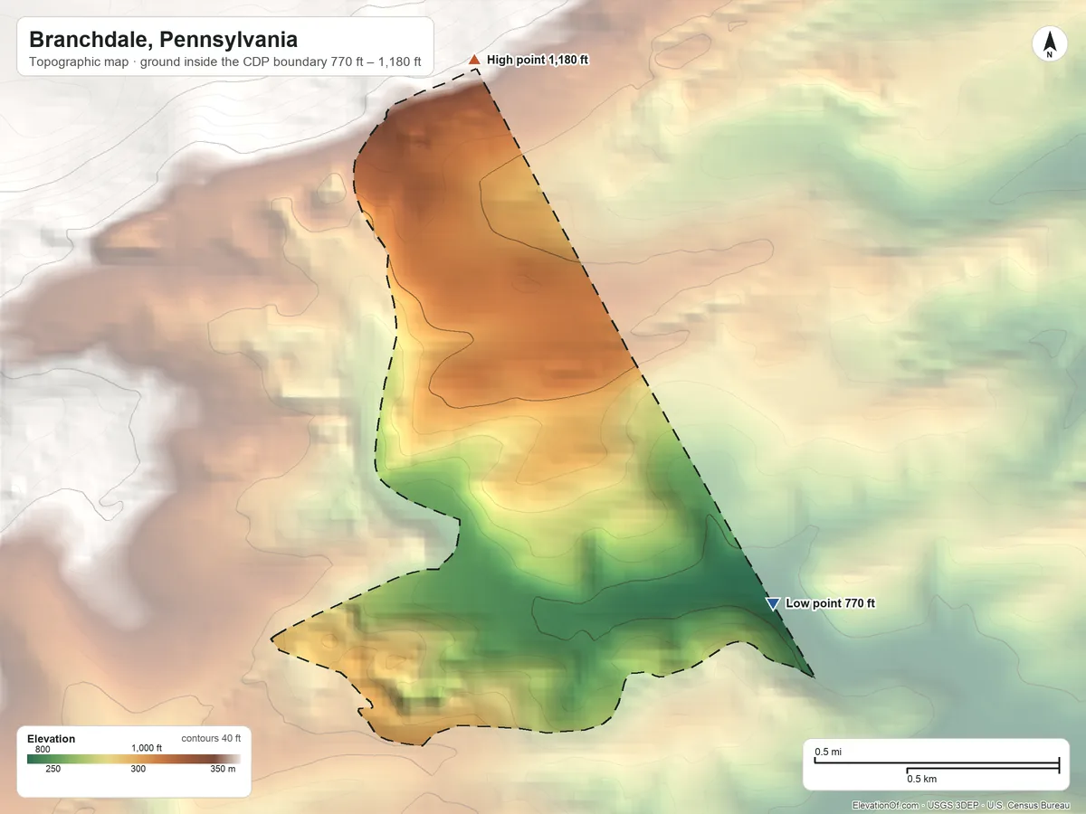 Topographic elevation map of Branchdale, Pennsylvania, shaded from 770 ft on the east side to 1,180 ft at the foot of the Little Mountain
