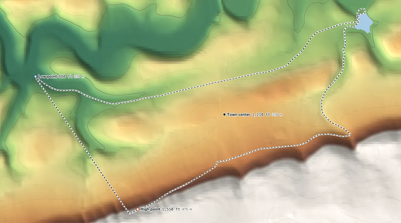 Topographic elevation map of Brandonville, Pennsylvania, shaded from 880 ft on the west side to 1,550 ft at the foot of the Broad Mountain