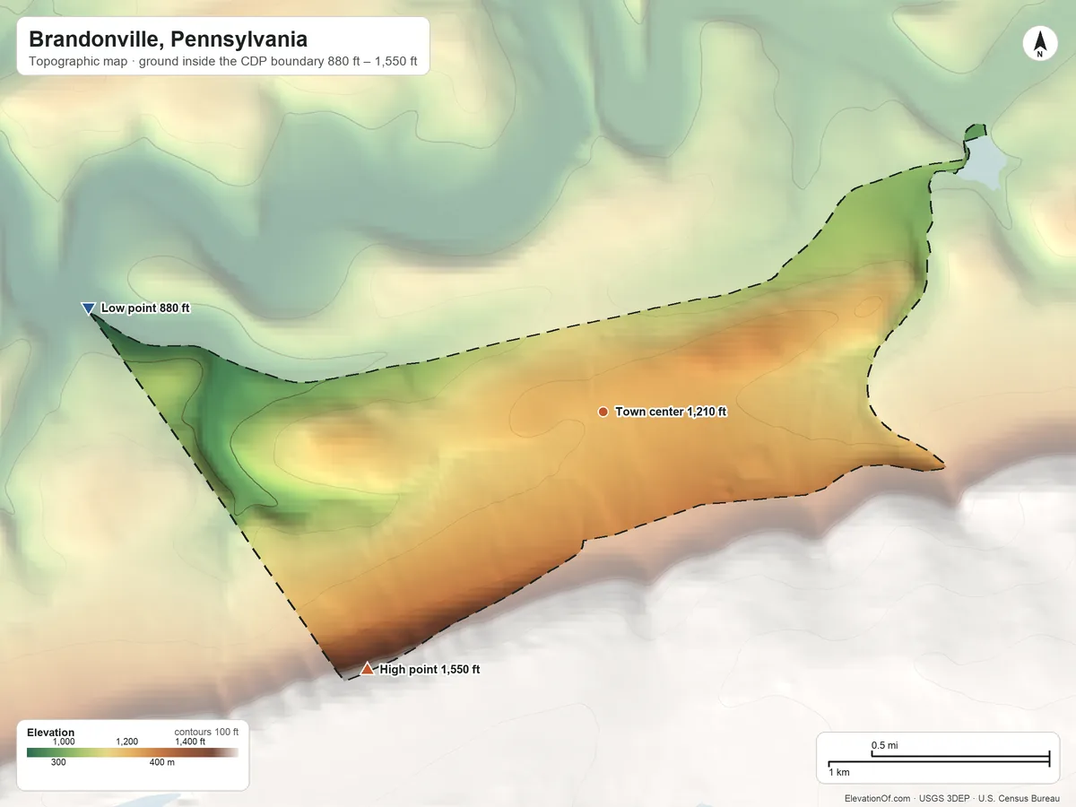 Topographic elevation map of Brandonville, Pennsylvania, shaded from 880 ft on the west side to 1,550 ft at the foot of the Broad Mountain