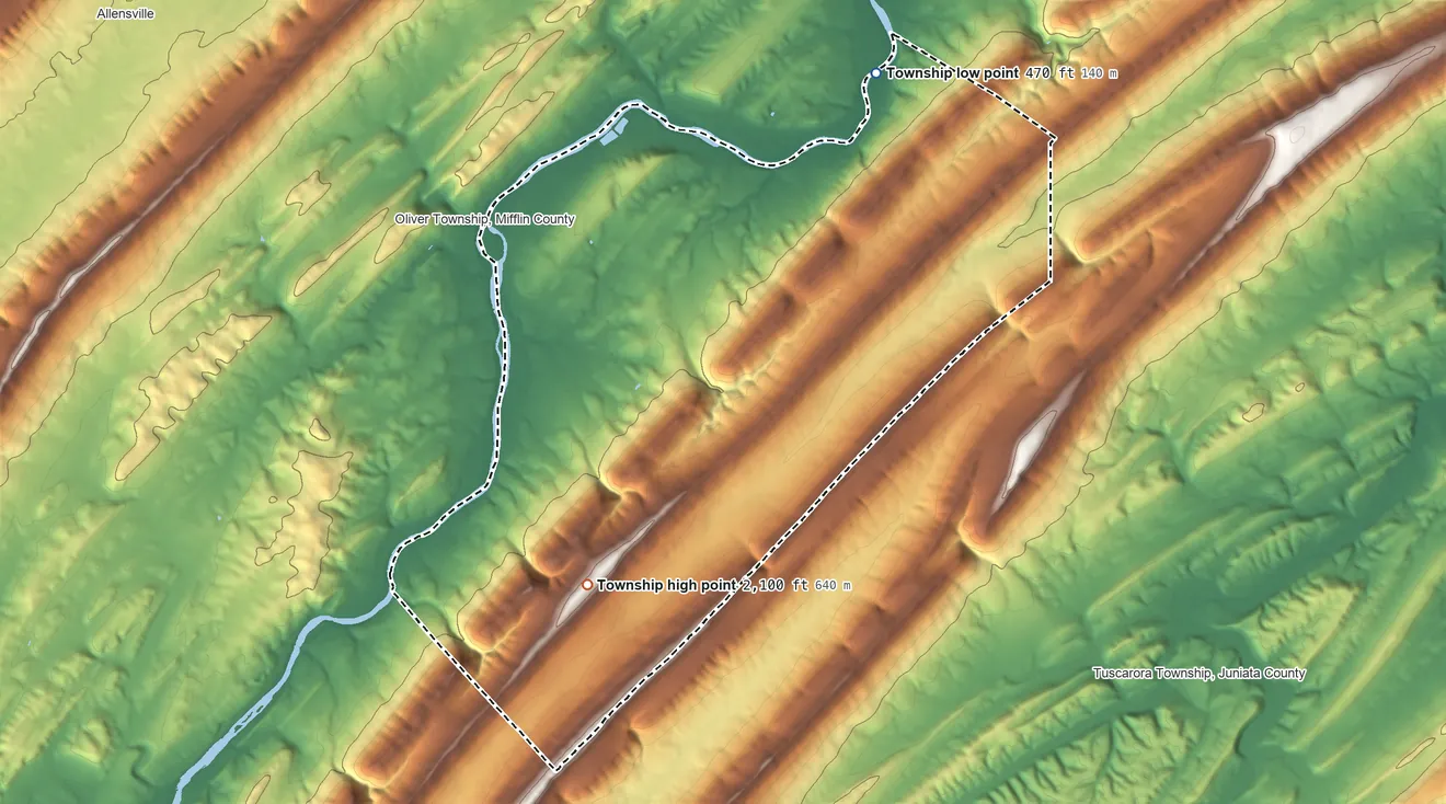 Topographic elevation map of Bratton Township, Pennsylvania, shaded from 470 ft on the northeast side to 2,100 ft on the south side