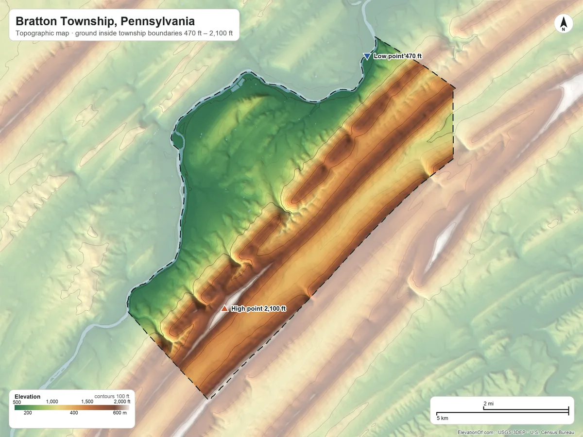 Topographic elevation map of Bratton Township, Pennsylvania, shaded from 470 ft on the northeast side to 2,100 ft on the south side