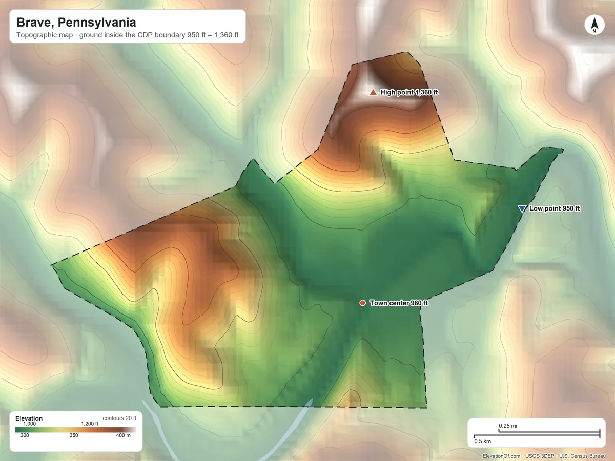 Topographic elevation map of Brave, Pennsylvania, shaded from 950 ft on the northeast side to 1,360 ft on the north side