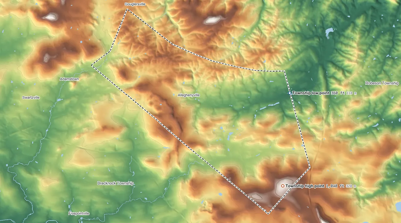 Topographic elevation map of Brecknock Township, Berks County, Pennsylvania, shaded from 360 ft on the east side to 1,040 ft on the southeast side