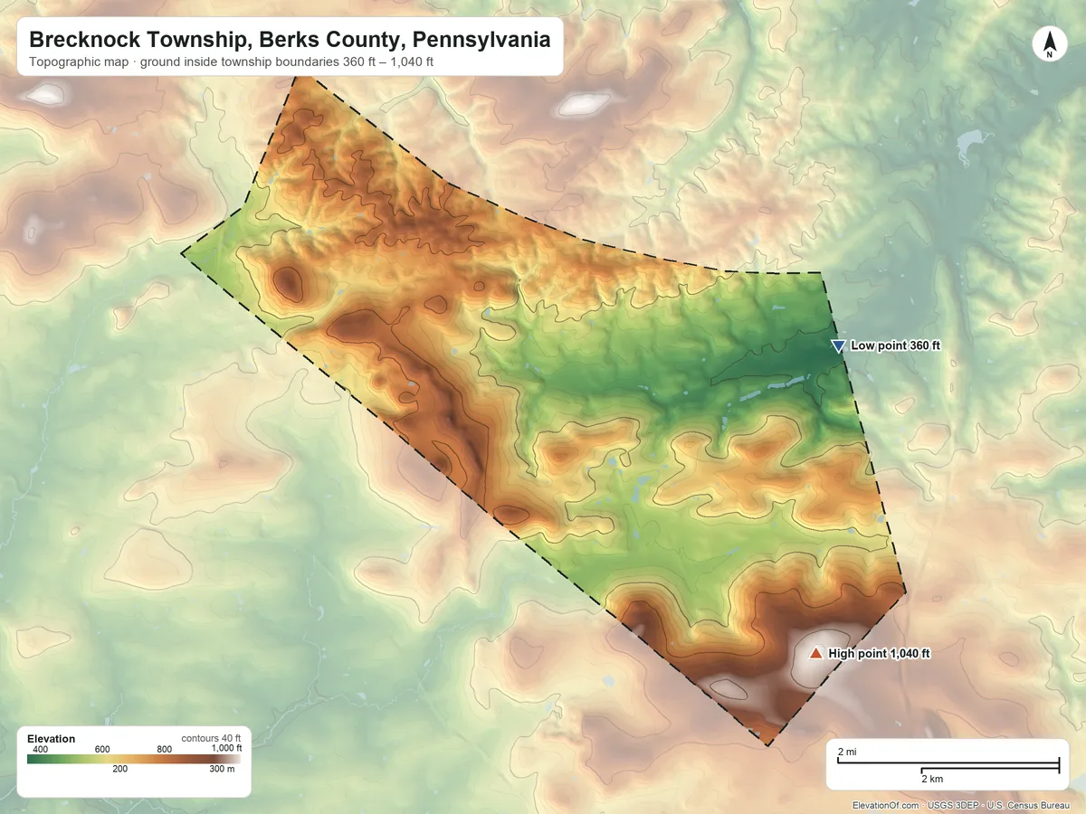 Topographic elevation map of Brecknock Township, Berks County, Pennsylvania, shaded from 360 ft on the east side to 1,040 ft on the southeast side