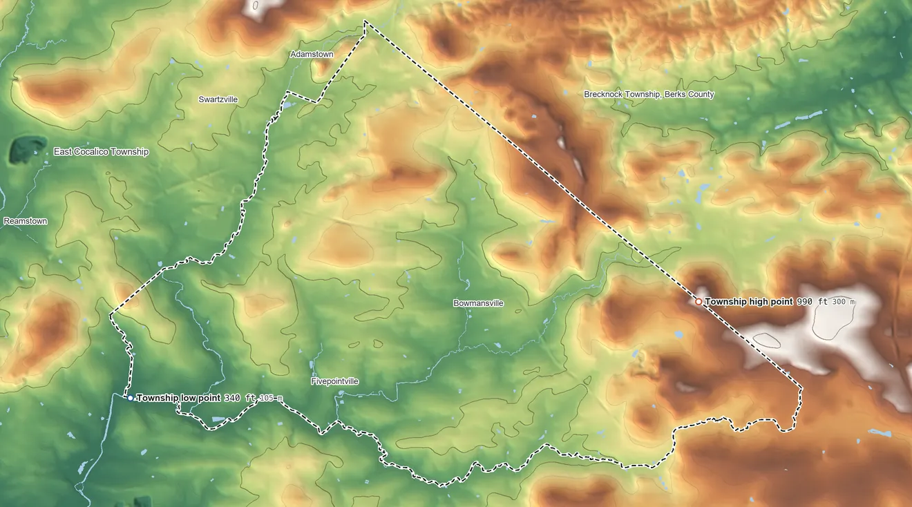 Topographic elevation map of Brecknock Township, Pennsylvania, shaded from 340 ft on the west side to 990 ft on the east side