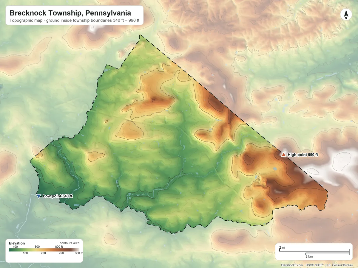 Topographic elevation map of Brecknock Township, Pennsylvania, shaded from 340 ft on the west side to 990 ft on the east side