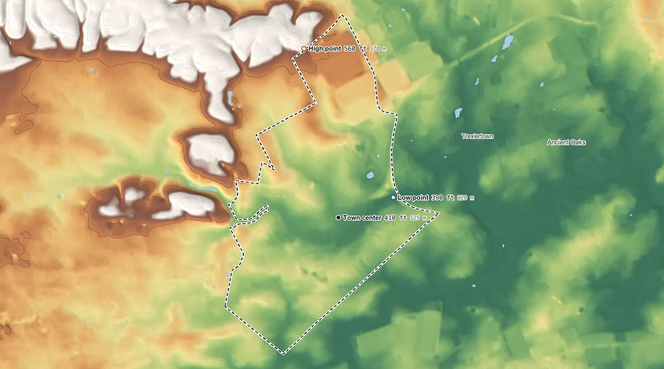 Topographic elevation map of Breinigsville, Pennsylvania, shaded from 390 ft on the east side to 560 ft on the north side