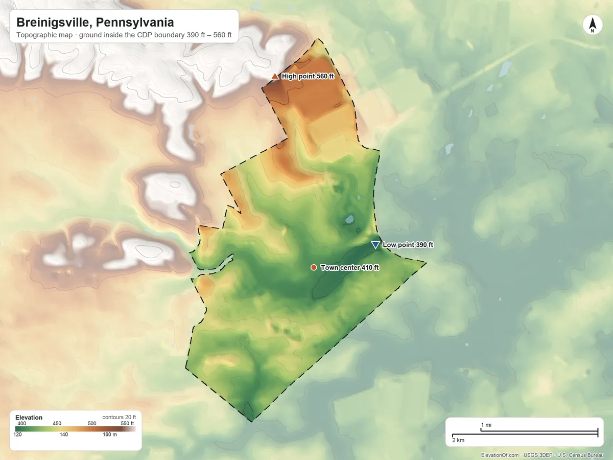 Topographic elevation map of Breinigsville, Pennsylvania, shaded from 390 ft on the east side to 560 ft on the north side
