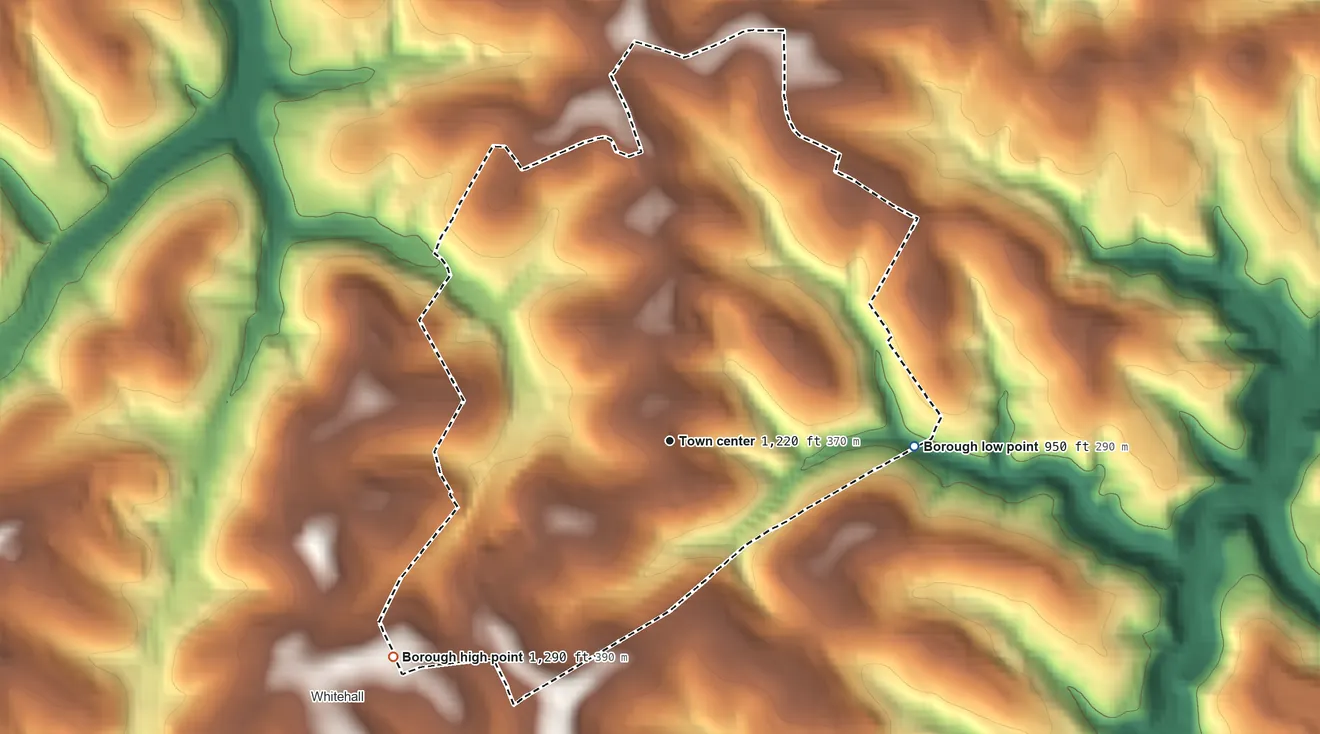 Topographic elevation map of Brentwood, Pennsylvania, shaded from 950 ft on the east side to 1,290 ft on the southwest side