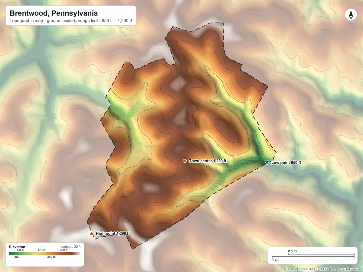 Topographic elevation map of Brentwood, Pennsylvania, shaded from 950 ft on the east side to 1,290 ft on the southwest side