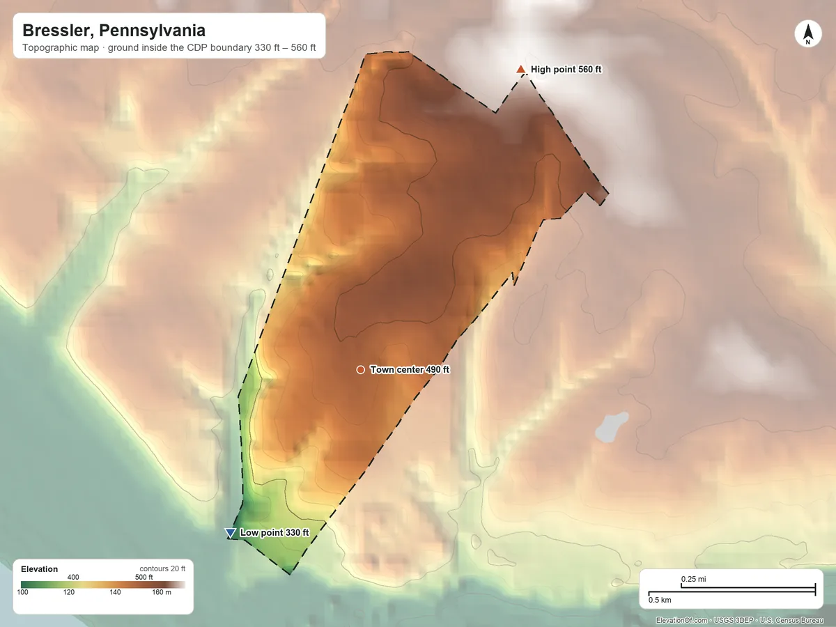 Topographic elevation map of Bressler, Pennsylvania, shaded from 330 ft on the southwest side to 560 ft on the northeast side