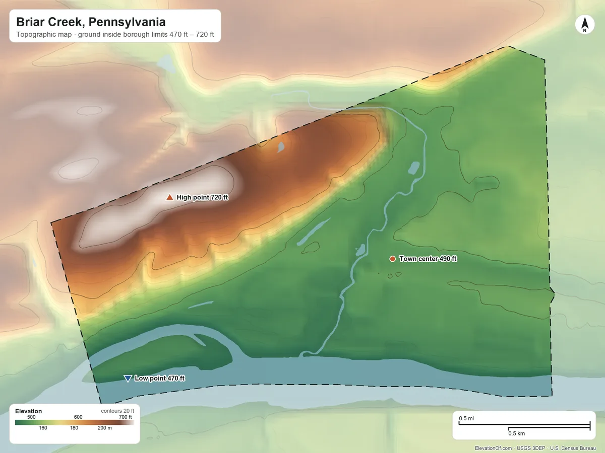 Topographic elevation map of Briar Creek, Pennsylvania, shaded from 470 ft on the southwest side to 720 ft on the west side