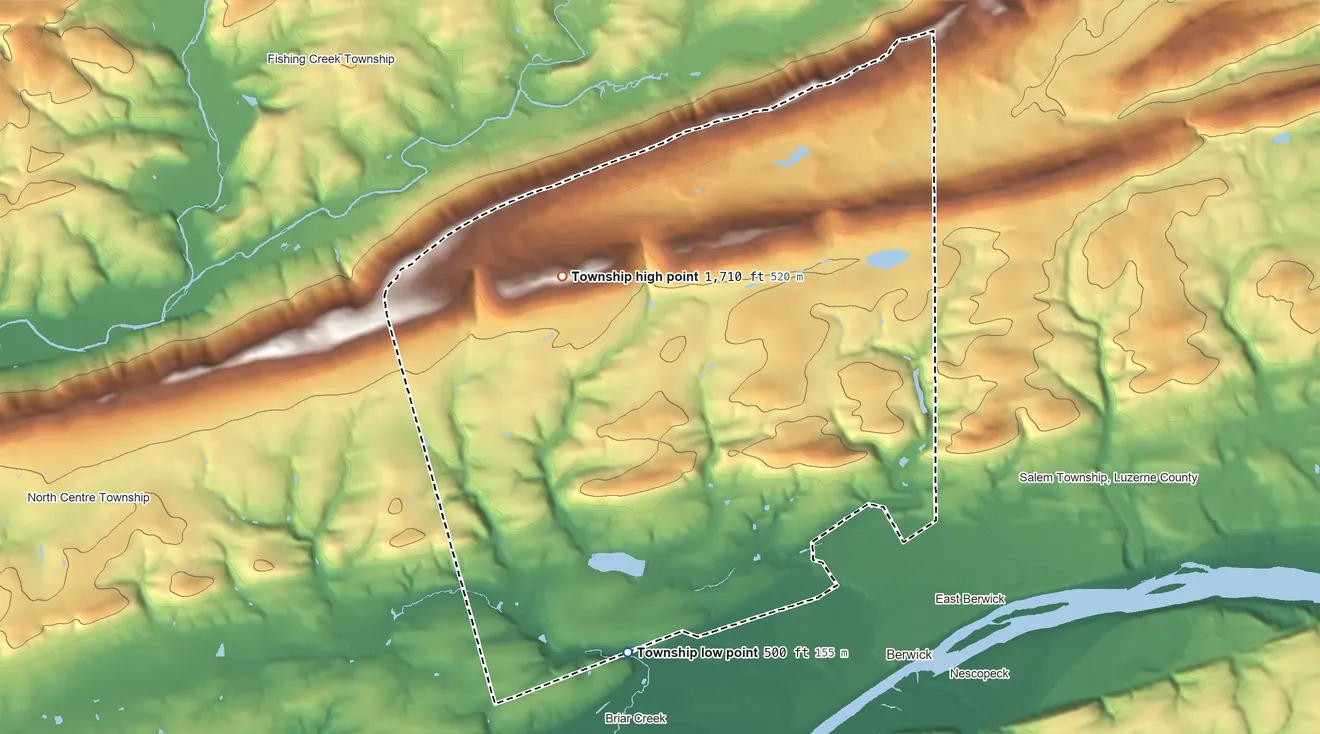 Topographic elevation map of Briar Creek Township, Pennsylvania, shaded from 500 ft on the southwest side to 1,710 ft on Lee Mountain