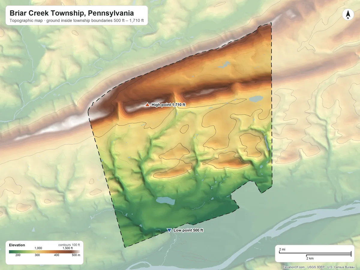 Topographic elevation map of Briar Creek Township, Pennsylvania, shaded from 500 ft on the southwest side to 1,710 ft on Lee Mountain