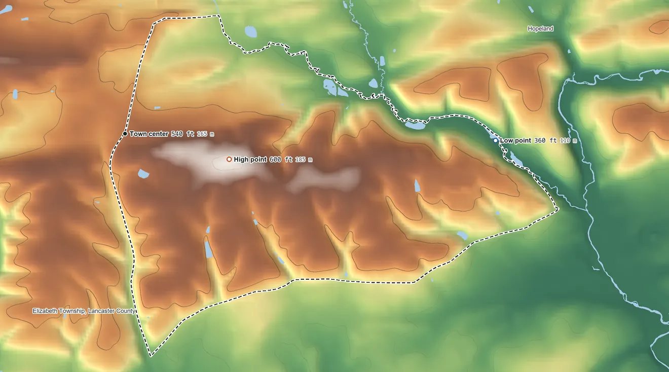 Topographic elevation map of Brickerville, Pennsylvania, shaded from 360 ft on the east side to 600 ft at the foot of the Furnace Hills