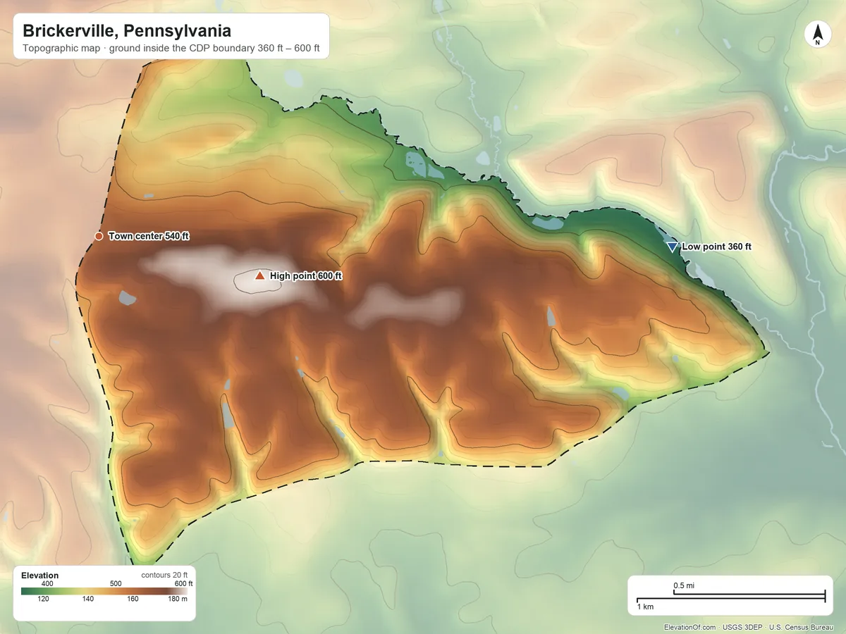 Topographic elevation map of Brickerville, Pennsylvania, shaded from 360 ft on the east side to 600 ft at the foot of the Furnace Hills