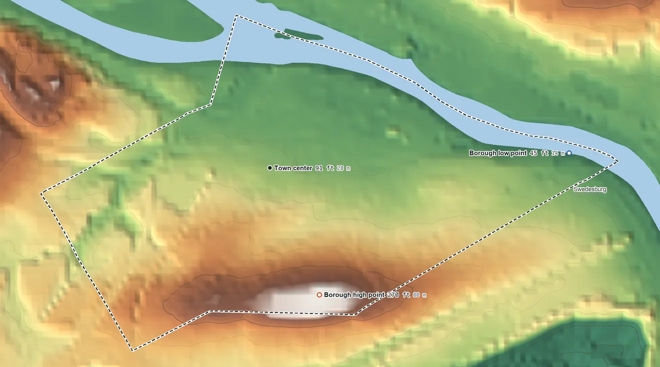 Topographic elevation map of Bridgeport, Pennsylvania, shaded from 45 ft on the east side to 270 ft on the south side
