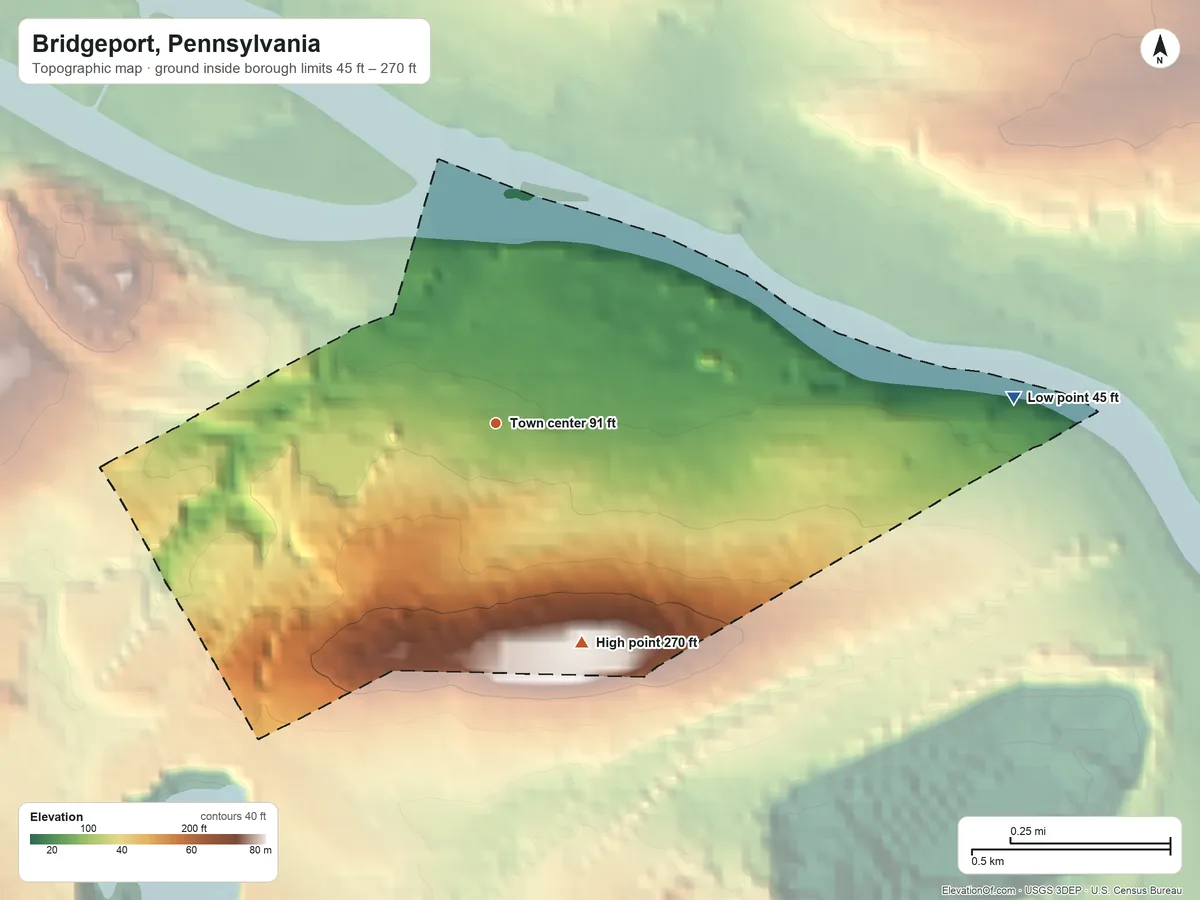 Topographic elevation map of Bridgeport, Pennsylvania, shaded from 45 ft on the east side to 270 ft on the south side