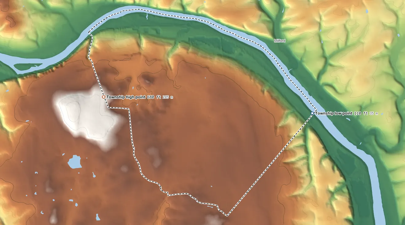 Topographic elevation map of Bridgeton Township, Pennsylvania, shaded from 110 ft on the east side to 680 ft on the west side