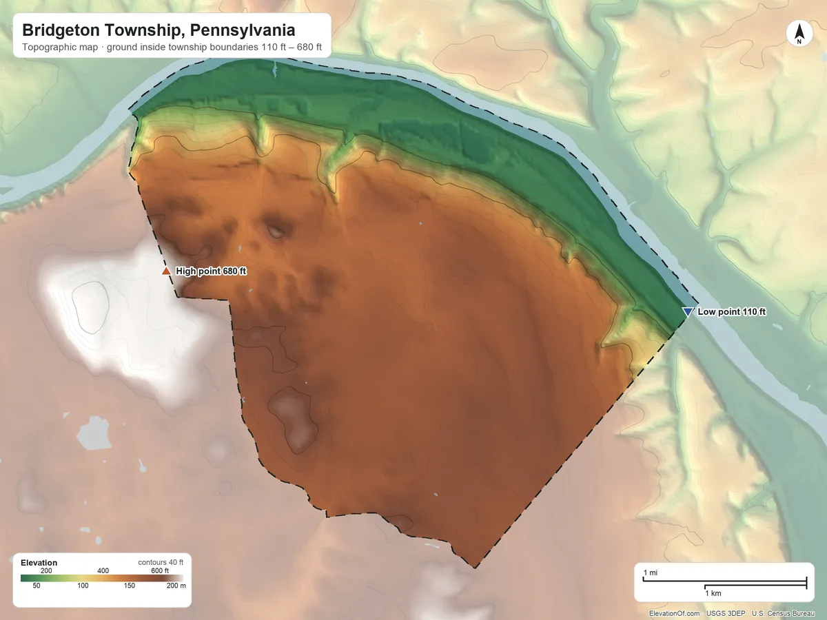 Topographic elevation map of Bridgeton Township, Pennsylvania, shaded from 110 ft on the east side to 680 ft on the west side