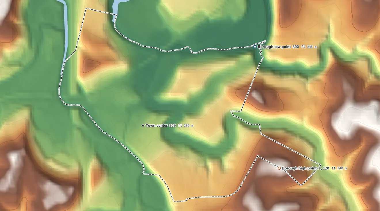 Topographic elevation map of Bridgeville, Pennsylvania, shaded from 800 ft on the northeast side to 1,120 ft on the east side