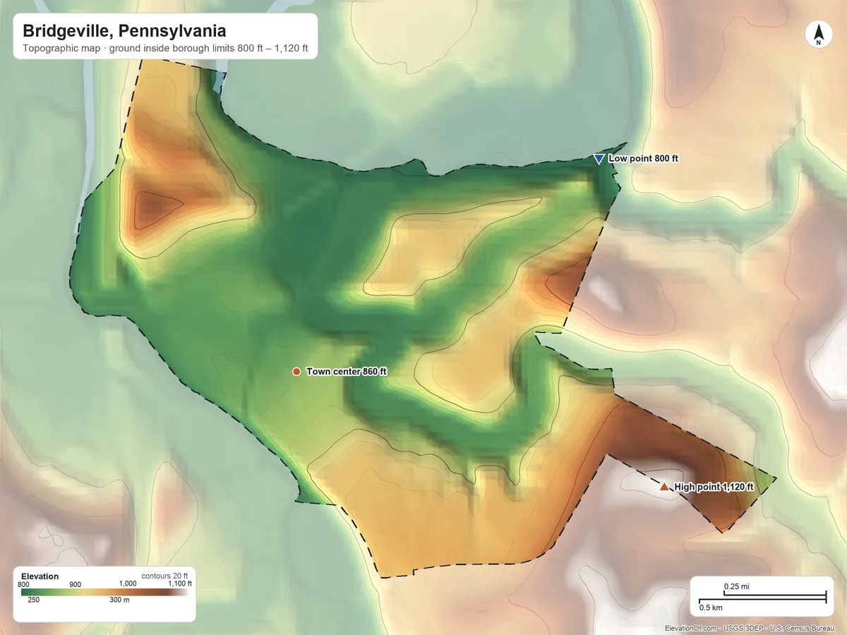 Topographic elevation map of Bridgeville, Pennsylvania, shaded from 800 ft on the northeast side to 1,120 ft on the east side