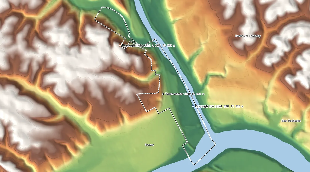 Topographic elevation map of Bridgewater, Pennsylvania, shaded from 690 ft on the southeast side to 1,100 ft on the northwest side