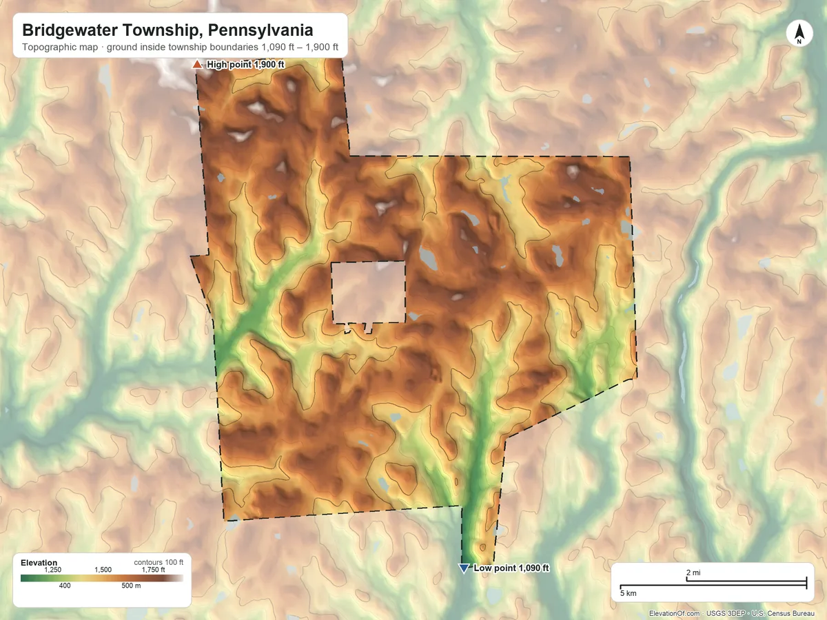 Topographic elevation map of Bridgewater Township, Pennsylvania, shaded from 1,090 ft on the south side to 1,900 ft on the northwest side