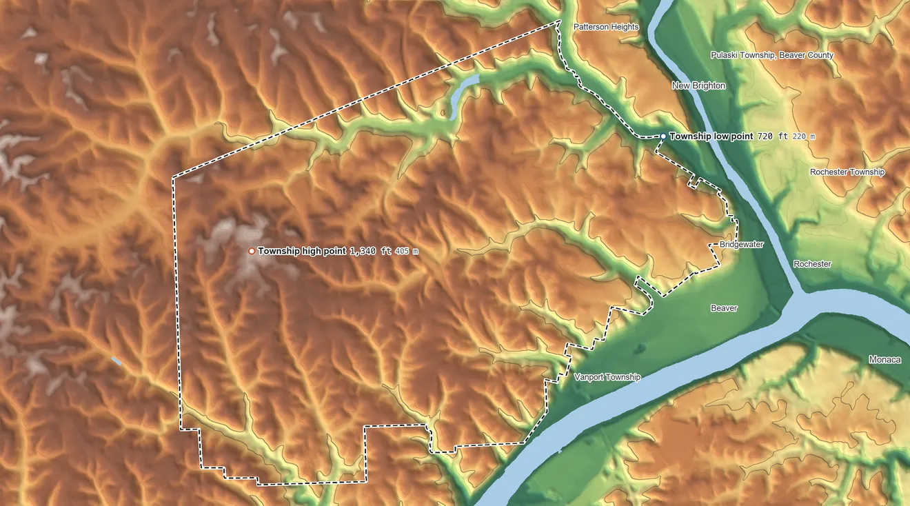 Topographic elevation map of Brighton Township, Pennsylvania, shaded from 720 ft on the northeast side to 1,340 ft on the west side