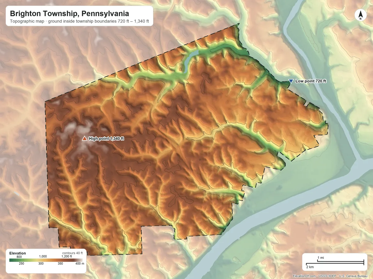 Topographic elevation map of Brighton Township, Pennsylvania, shaded from 720 ft on the northeast side to 1,340 ft on the west side