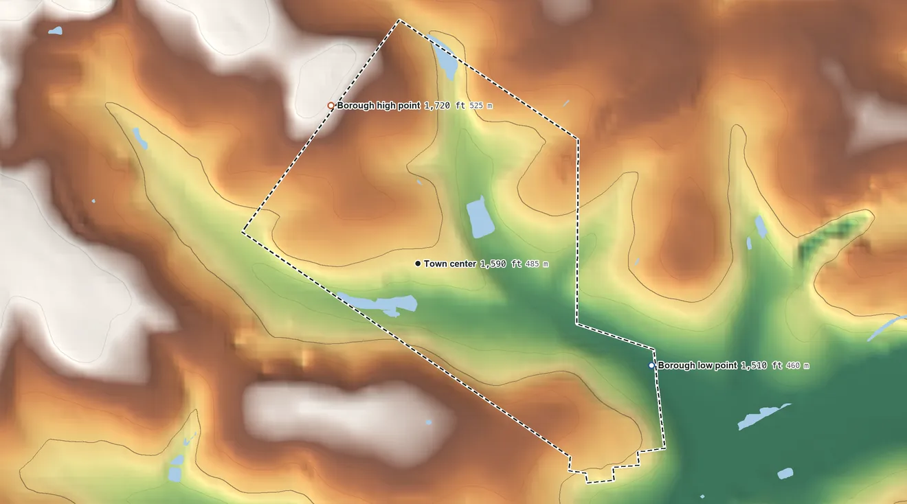 Topographic elevation map of Brisbin, Pennsylvania, shaded from 1,510 ft on the southeast side to 1,720 ft on the northwest side