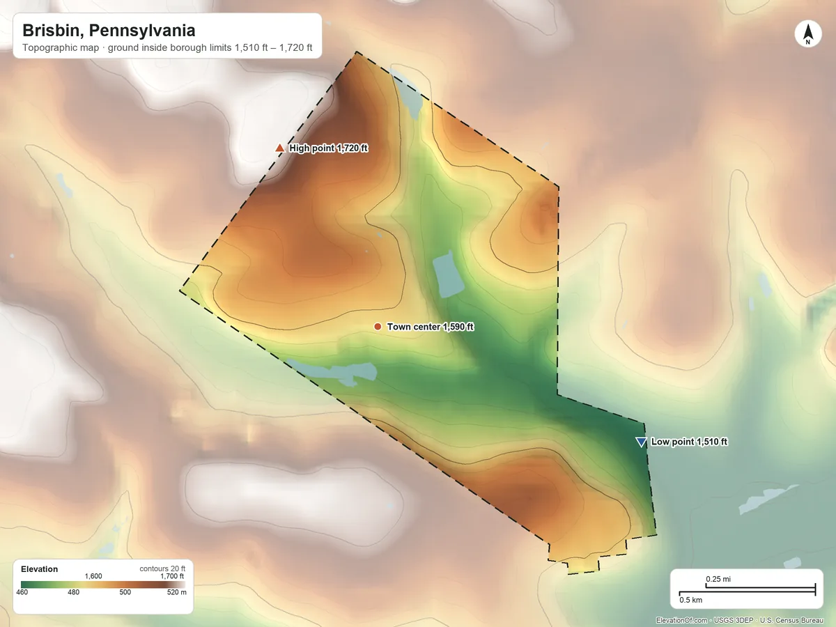 Topographic elevation map of Brisbin, Pennsylvania, shaded from 1,510 ft on the southeast side to 1,720 ft on the northwest side