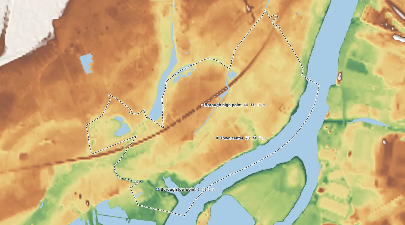 Topographic elevation map of Bristol, Pennsylvania, shaded from 1 ft on the southwest side to 46 ft on the northwest side