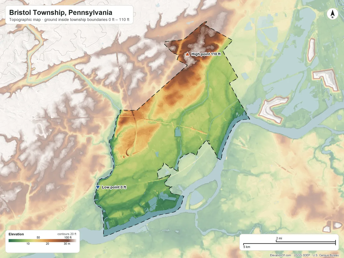 Topographic elevation map of Bristol Township, Pennsylvania, shaded from 0 ft on the southwest side to 110 ft on the north side