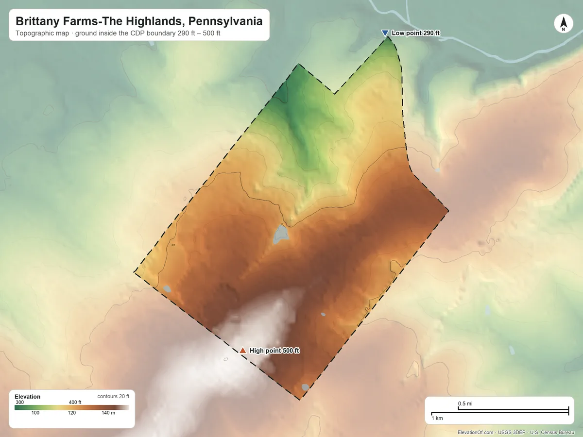 Topographic elevation map of Brittany Farms-The Highlands, Pennsylvania, shaded from 290 ft on the northeast side to 500 ft on the south side
