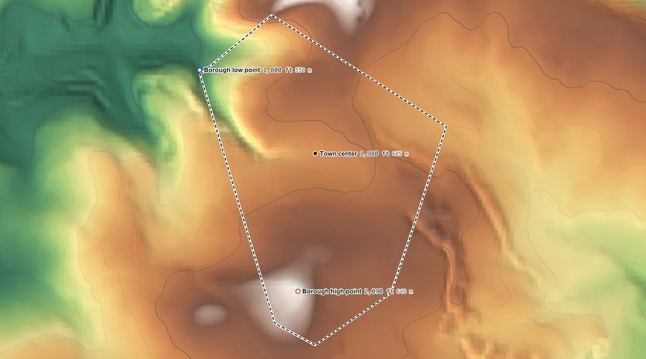 Topographic elevation map of Broad Top City, Pennsylvania, shaded from 1,800 ft on the northwest side to 2,090 ft on the south side