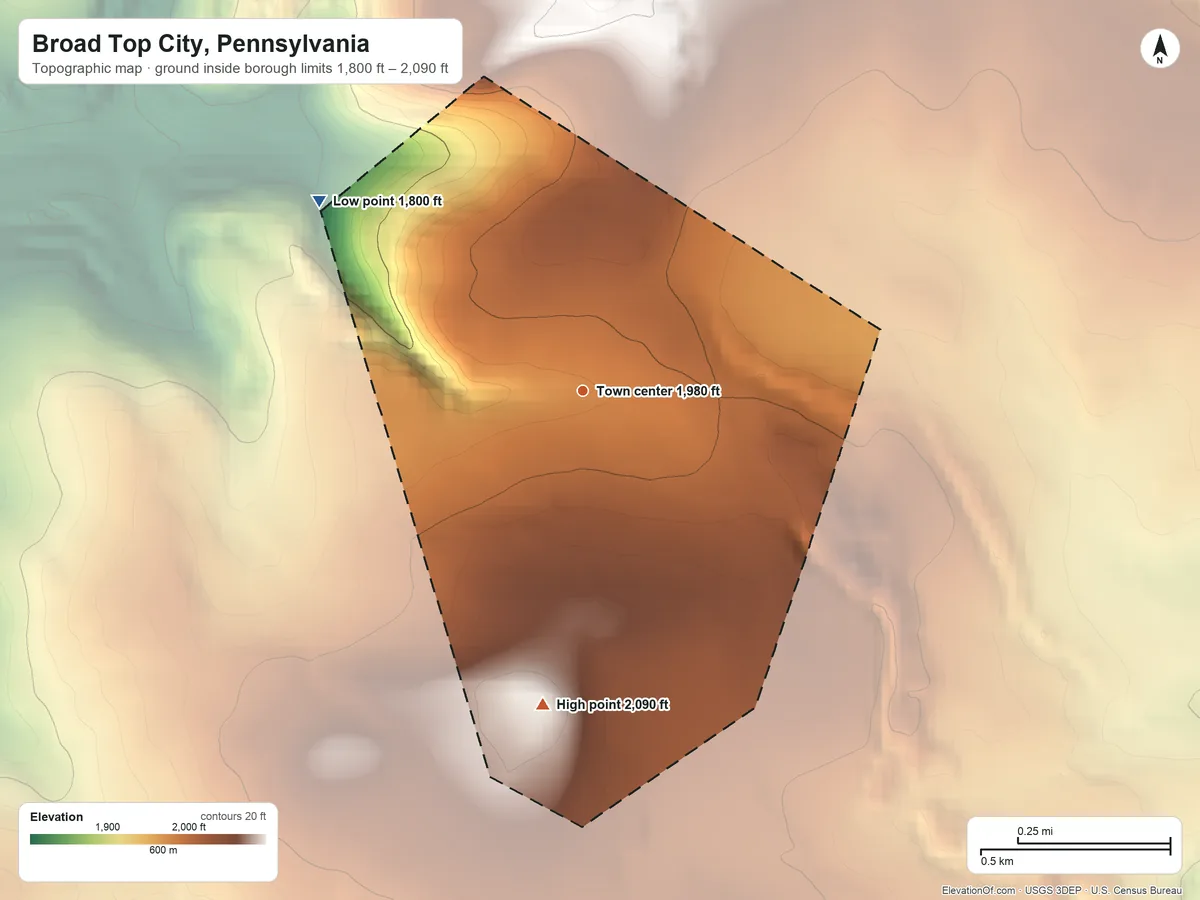 Topographic elevation map of Broad Top City, Pennsylvania, shaded from 1,800 ft on the northwest side to 2,090 ft on the south side