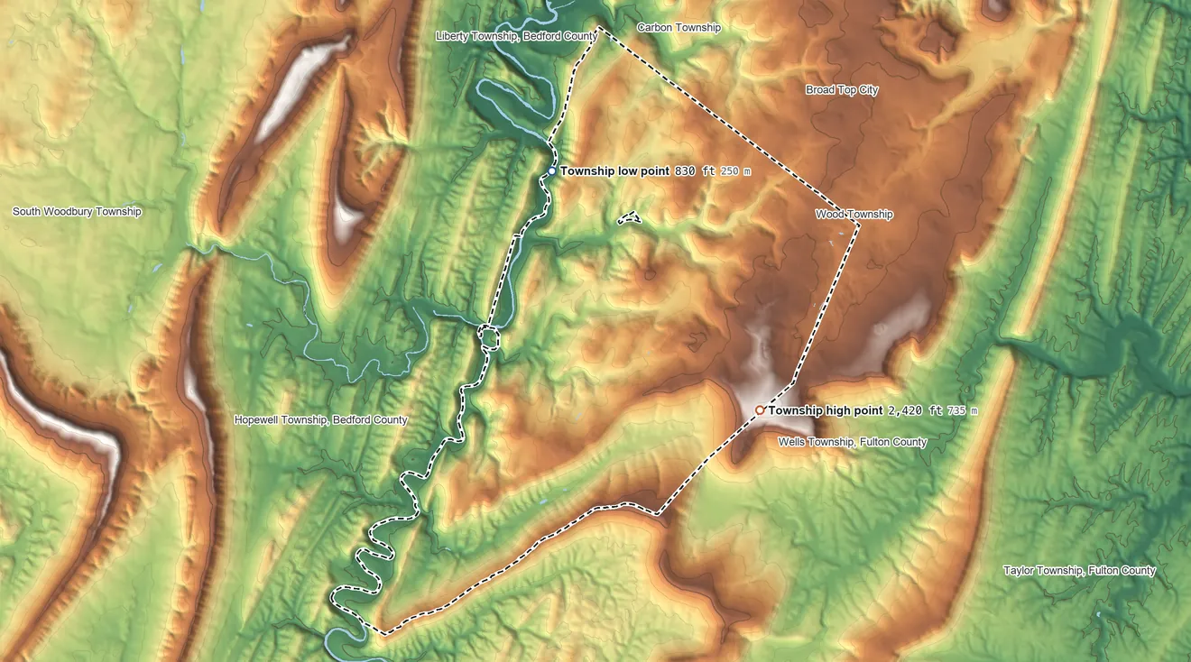 Topographic elevation map of Broad Top Township, Pennsylvania, shaded from 830 ft on the northwest side to 2,420 ft on the southeast side