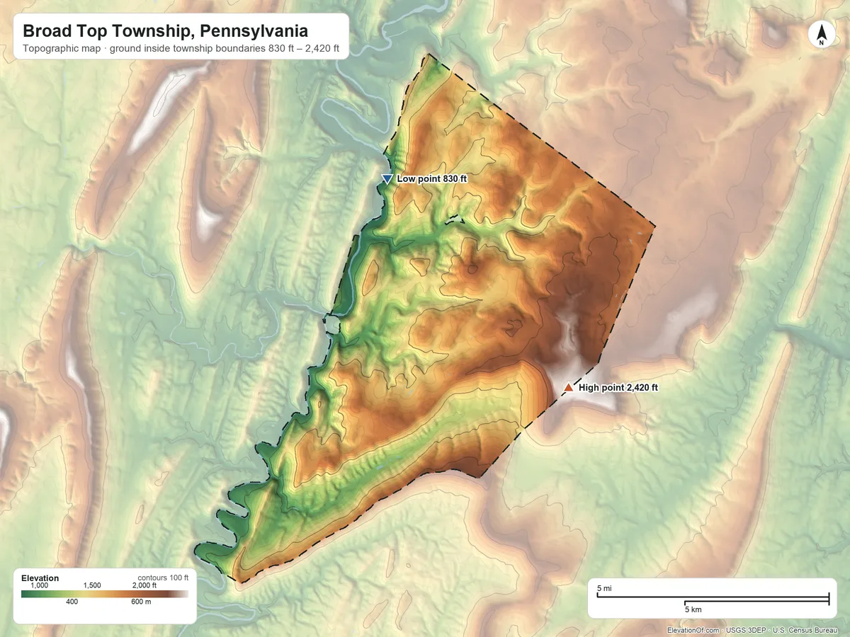 Topographic elevation map of Broad Top Township, Pennsylvania, shaded from 830 ft on the northwest side to 2,420 ft on the southeast side