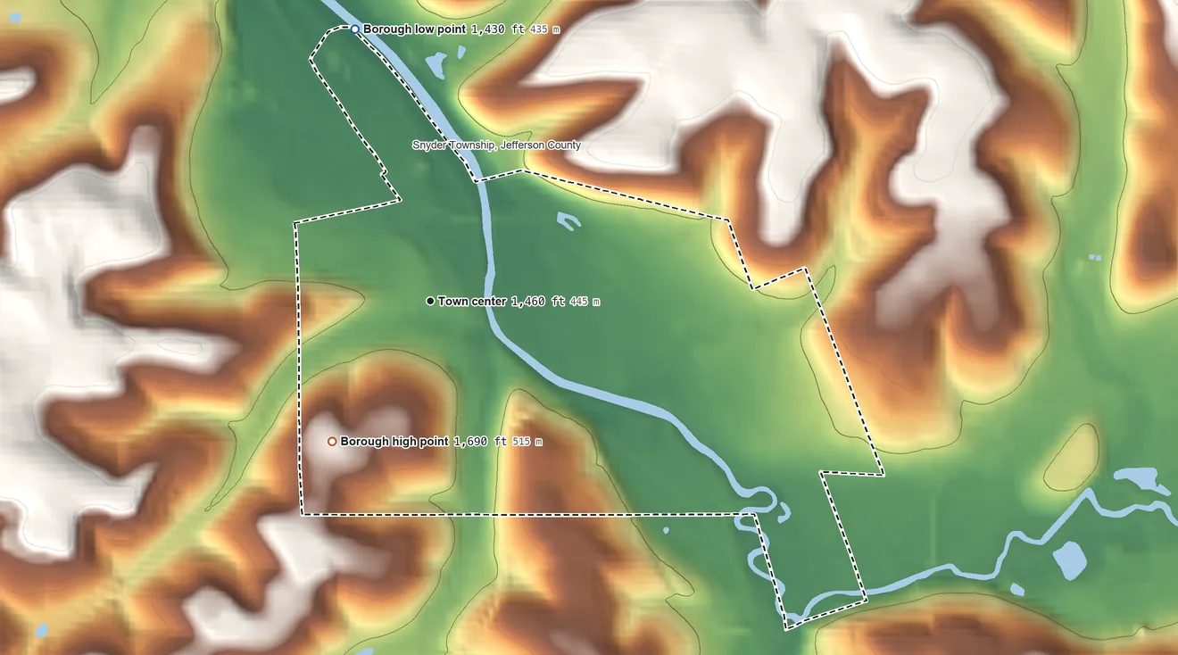 Topographic elevation map of Brockway, Pennsylvania, shaded from 1,430 ft on the north side to 1,690 ft on the southwest side
