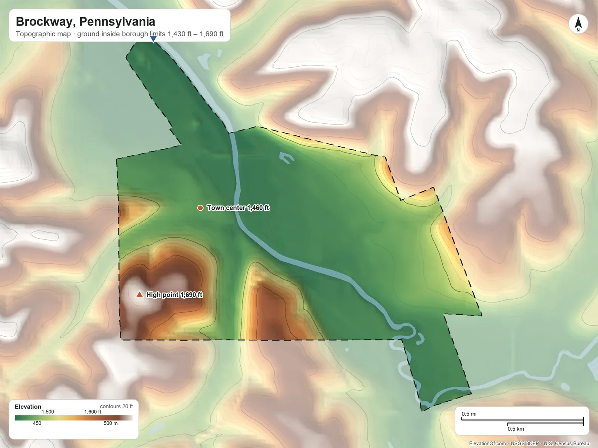 Topographic elevation map of Brockway, Pennsylvania, shaded from 1,430 ft on the north side to 1,690 ft on the southwest side