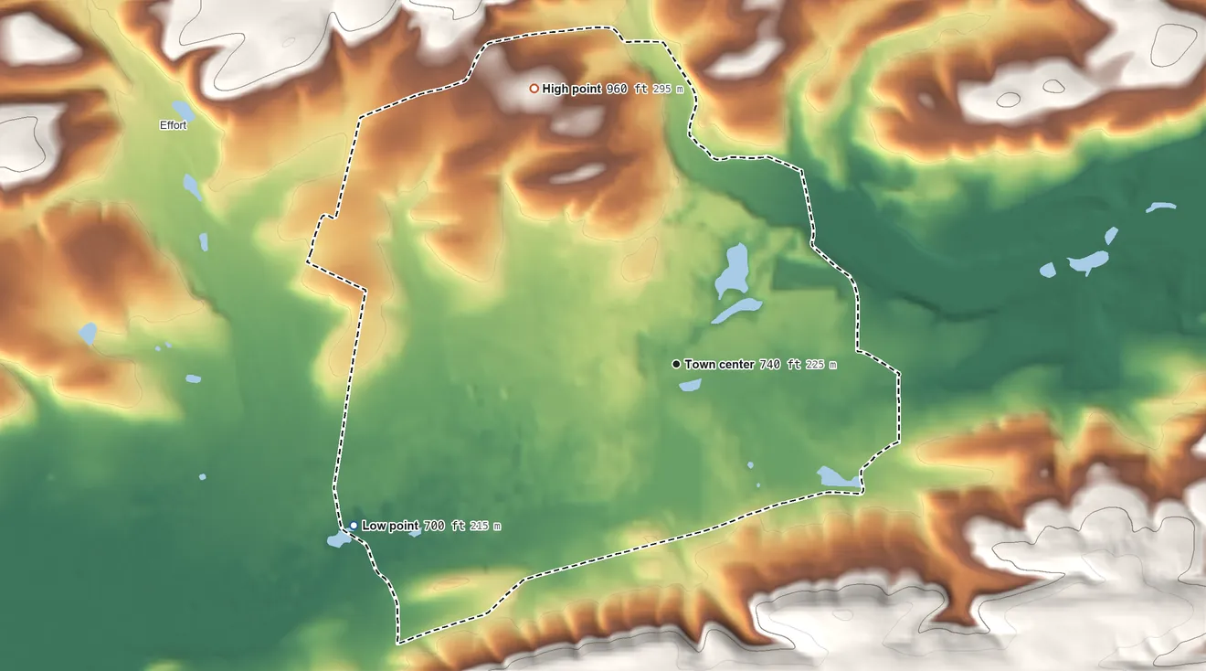 Topographic elevation map of Brodheadsville, Pennsylvania, shaded from 700 ft on the southwest side to 960 ft on the northwest side