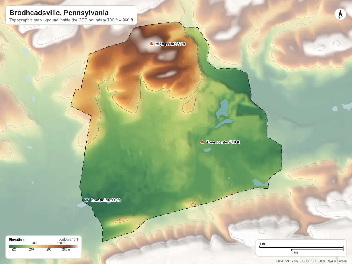 Topographic elevation map of Brodheadsville, Pennsylvania, shaded from 700 ft on the southwest side to 960 ft on the northwest side