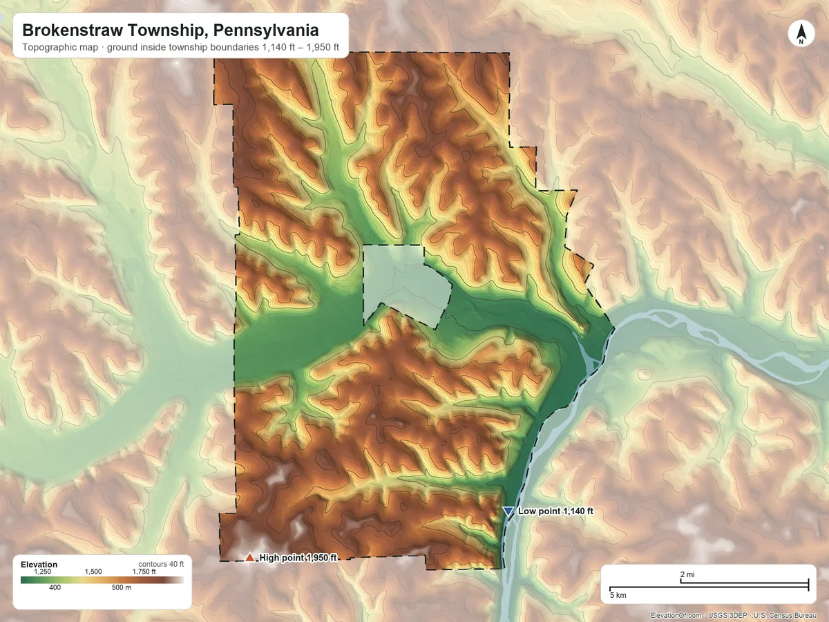 Topographic elevation map of Brokenstraw Township, Pennsylvania, shaded from 1,140 ft on the southeast side to 1,950 ft on the southwest side