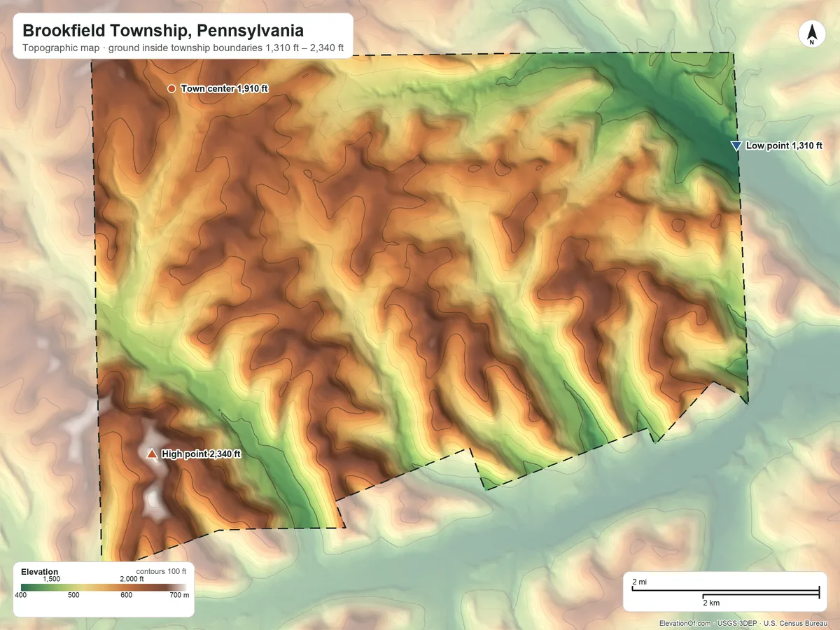 Topographic elevation map of Brookfield Township, Pennsylvania, shaded from 1,310 ft on the east side to 2,340 ft on the south side