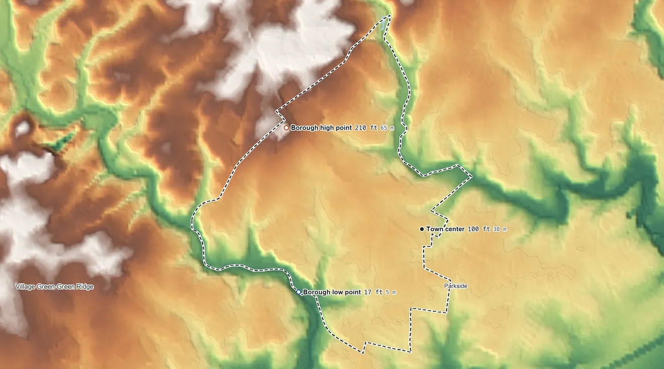 Topographic elevation map of Brookhaven, Pennsylvania, shaded from 17 ft on the southwest side to 210 ft on the northwest side