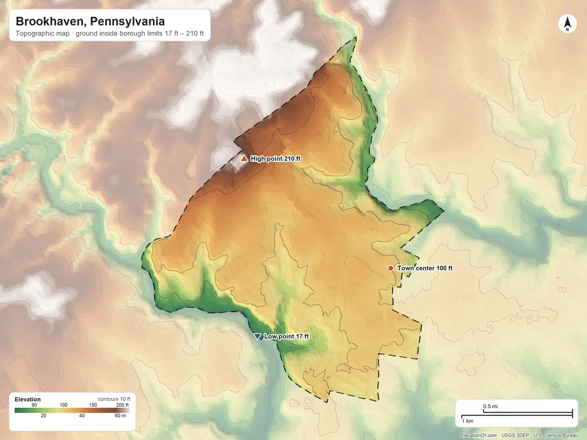 Topographic elevation map of Brookhaven, Pennsylvania, shaded from 17 ft on the southwest side to 210 ft on the northwest side